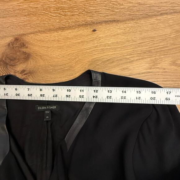 Eileen Fisher 100% Silk Crepe Leather Trim Jacket Black Button Sleeve Women’s XL - Picture 8 of 14